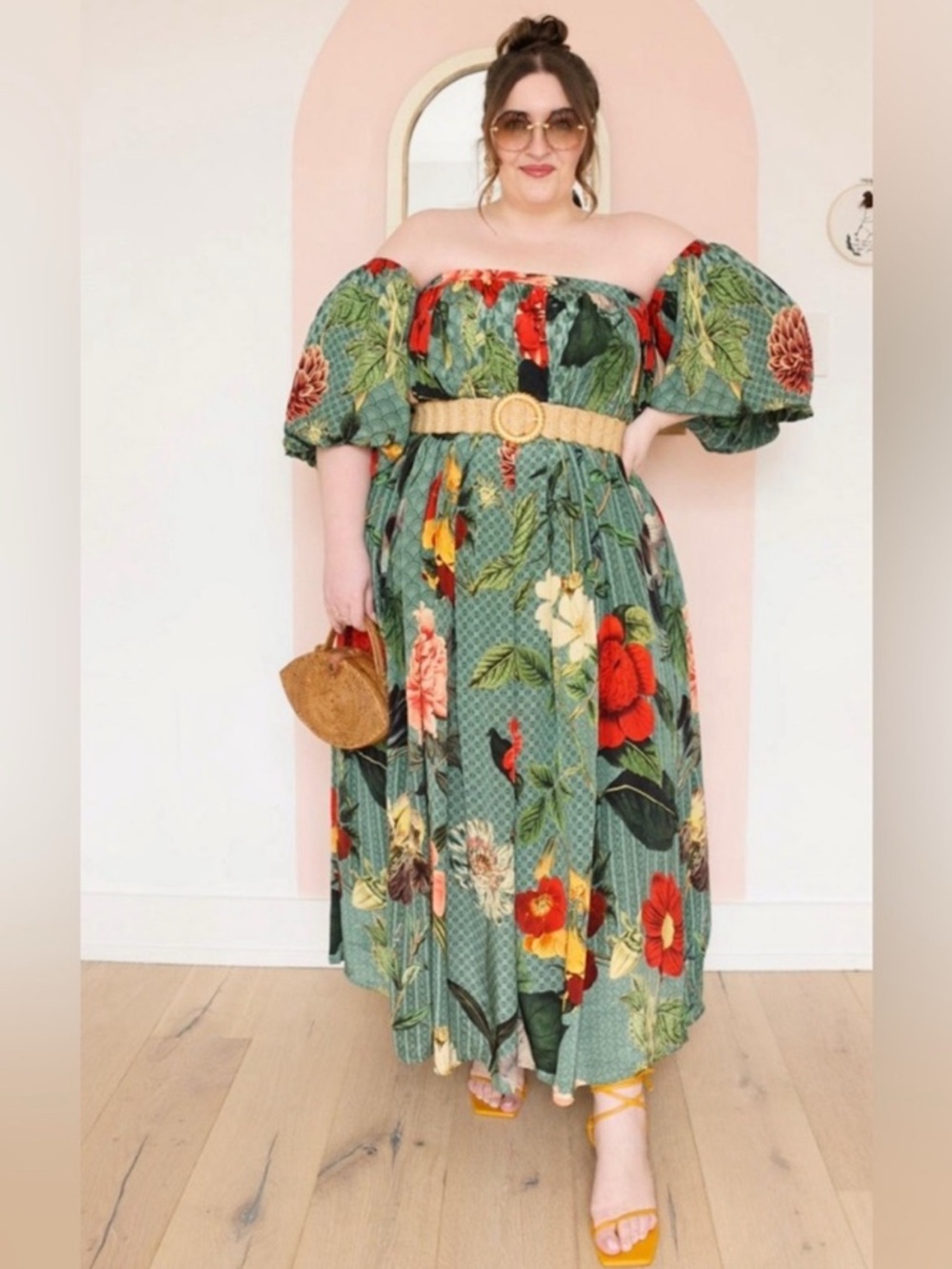 Anthropologie Green Floral Off-Shoulder Maxi Dress